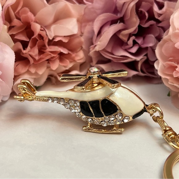 Whimsical Black and White Crystal Helicopter Keychain Charm - Picture 5 of 16